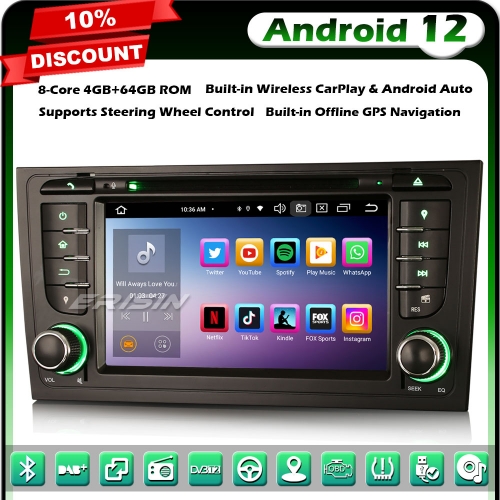 Erisin ES8506A Android 12 DAB+ DVD Car Stereo GPS Radio Head Unit for AUDI A6 S6 RS6 Allroad Support CarPlay Android Auto OBD2 WiFi 4GB RAM+64GB ROM