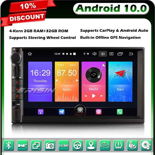 Erisin ES2749U Android 10.0 Double Din Car Stereo Radio GPS Sat Nav DAB+ Bluetooth OBD SWC WiFi