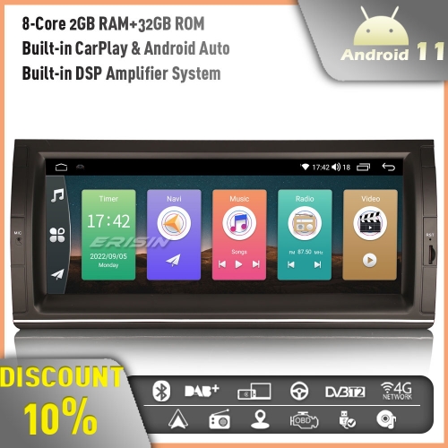 Erisin ES4153B 10.25" Android 11 DAB+ Car Stereo GPS Radio for  BMW 5 Series X5 E53 Bluetooth CarPlay Android Auto Wifi TPMS 8-Core 2GB+32GB