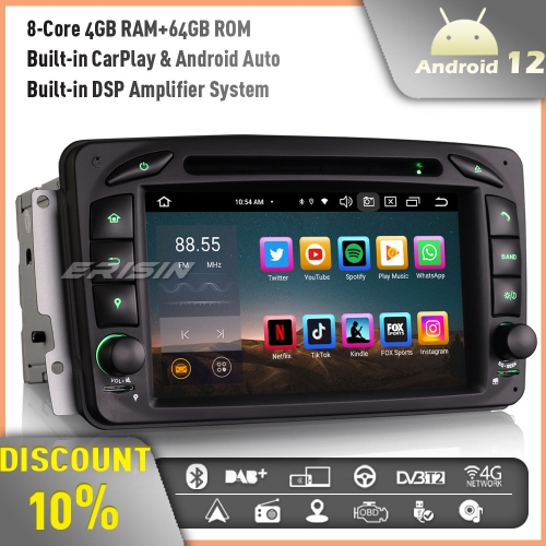 Erisin ES8563C Android 12 DAB+ Car Stereo GPS Radio for Mercedes-Benz C/G/CLK-Class W203 C209 W463 Viano Vito Bluetooth 5.0 CarPlay WiFi 8-Core 4GB+64