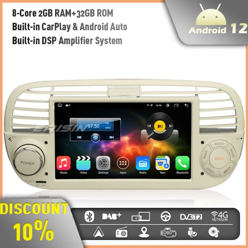 Erisin ES8650FW Android 12 DAB+ Car Stereo GPS Radio for Fiat 500 2008-2015 7" Touch Screen Bluetooth CarPlay Android Auto WiFi 8-Core 2GB+32GB White