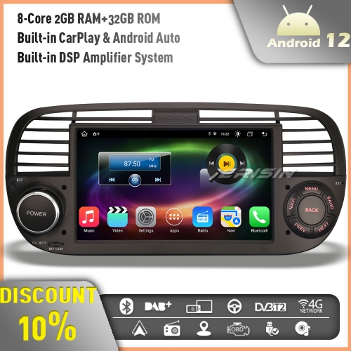 Erisin ES8650FB Android 12 DAB+ Car Stereo GPS Radio for Fiat 500 2008-2015 7" Touch Screen Bluetooth CarPlay Android Auto WiFi 8-Core 2GB+32GB Black
