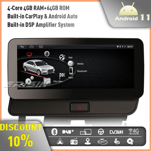 Erisin ES3675R 10.25" IPS Android 11 Car Stereo DAB+Radio GPS Sat Nav For Audi Q5 CarPlay Android Auto Bluetooth Mirror Link WiFi USB 4GB RAM+64GB ROM