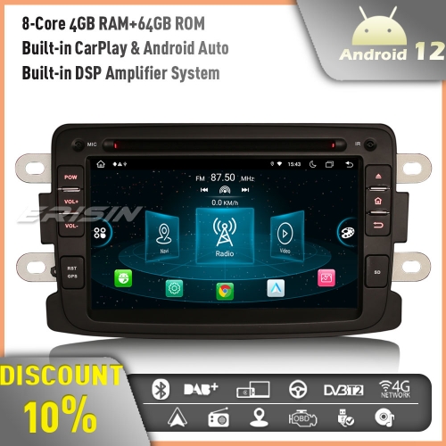 Erisin ES8973D 8-Core Android 12 Car Stereo GPS Radio for Renault Dacia Duster Dokker Lodgy DAB+ CarPlay Android Auto DSP Bluetooth OBD2 SWC 4GB+64GB