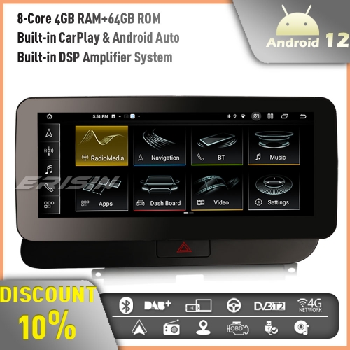 Erisin ES3875QR 8-Core 4GB+64GB 10.25" Android 12.0 Car Stereo GPS Sat Nav Radio for Audi Q5 Low Configuration BT5.0 IPS CarPlay Android Auto DAB+ DSP