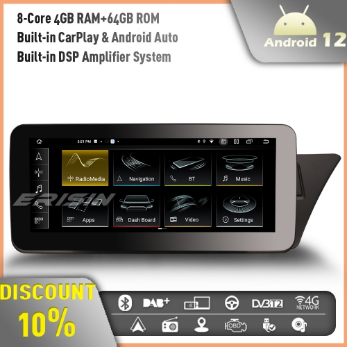 Erisin ES3874AR 8-Core 4GB+64GB 10.25" Android 12.0 Car Stereo GPS SatNav Radio for Audi A4/A5/B8/S4/S5 Bluetooth 5.0 IPS CarPlay Android Auto DAB+DSP