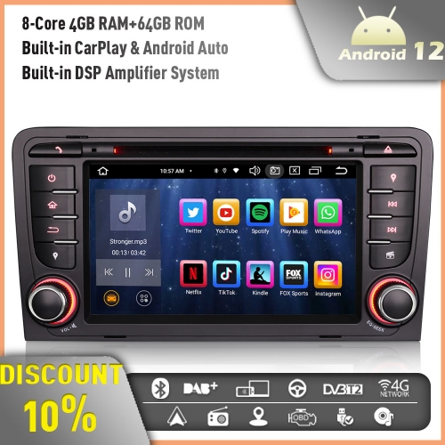 Erisin ES8547A Android 12 DAB+ Car Stereo GPS Radio for AUDI A3 S3 RS3 RNSE-PU 7" Touch Screen Bluetooth 5.0 CarPlay Android Auto WiFi 8-Core 4GB+64GB