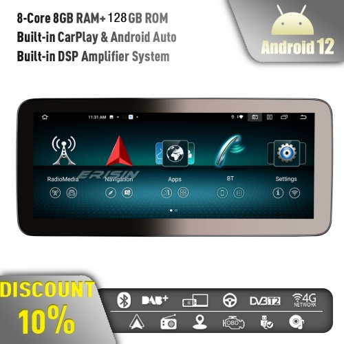 Erisin ES46GA45 8-Core 8GB+128GB 12.3" Android 12 Car Stereo Satnav for Mercedes A/GLA/CLA/G-Class W176 X156 C117 NTG4.5/4.7 Bluetooth 5.0 IPS CarPlay
