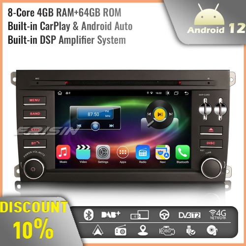 Erisin ES8814C 8-Core Android 12 Car Stereo Radio GPS Sat Nav for Porsche Cayenne Wireless  CarPlay DAB+ DSP BT WiFi OBD2 4GB RAM+64GB ROM