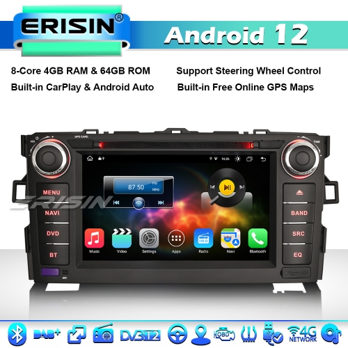 Erisin ES8817A 8-Core Android 12 Car Stereo Radio GPS Sat Nav for Toyota AURIS (2007-2012) 7' Wireless CarPlay DAB+ DSP BT WiFi OBD2 4GB RAM+64GB ROM