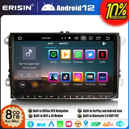Erisin ES8552V 9 Inch Android 12 DAB+ Car Stereo GPS Radio for VW Crafter ŠKODA Yeti Amarok Caddy Polo Bluetooth 5.0 CarPlay Android Auto WiFi 64GB