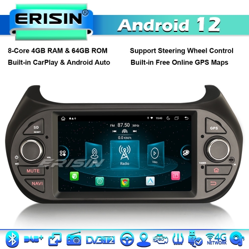Erisin ES8975F 8-Core DAB+ Android 12 Car Stereo GPS Radio SatNav for Fiat Fiorino Qubo Citroen Nemo Peugeot Bipper 4GB RAM+64GB ROM DAB+ WiFi CarPlay