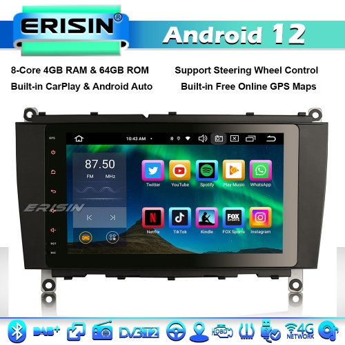 Erisin ES8584C 8 Inch 8-Core 4GB+64GB Android 12 Car Stereo Sat Nav GPS Radio DSP DAB+ for Mercedes CLK-Class W209 C209 A209 CarPlay WiFi 4G Bluetooth