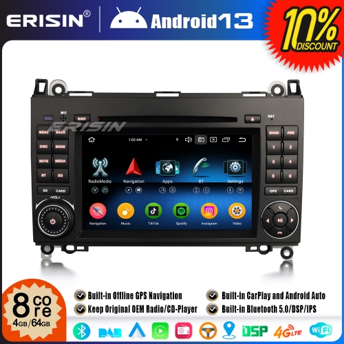 Erisin ES6772B 8-Core Android 13 Car Stereo GPS Sat Nav for Mercedes A/B Class W169 W245 Sprinter Viano VW Crafter BT 5.0 DAB+CarPlay DSP WiFi 4G+64GB