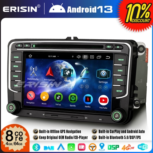Erisin ES6735V 7" 8-Core Android 13 Car Stereo DVD GPS Sat Nav for VW Golf Mk5/6 Passat B6 Skoda Touran Seat Skoda DAB+ Wireless CarPlay DSP WiFi 64GB