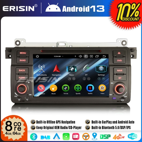 Erisin ES6746B 7" 8-Core Android 13 Car Stereo GPS Sat Nav DVD Player for BMW 3 Series E46 Rover 75 MG ZT BT 5.0 DAB+Wireless CarPlay DSP WiFi 4G+64GB