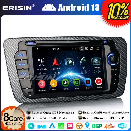 Erisin ES6722S Android 13 DAB+ Car Stereo GPS Satnav Radio for SEAT IBIZA 7 Inch Touchscreen BT 5.0 Wireless CarPlay WiFi DSP CANbus OBD USB 4GB+64GB
