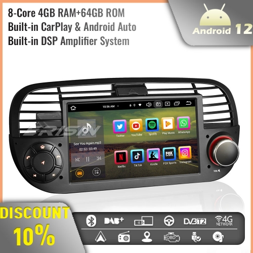 Erisin ES8550FB Android 12 DAB+ Car Stereo GPS Radio for Fiat 500/500C/500S 500E 7 Inch Screen Support Bluetooth 5.0 CarPlay Android Auto WiFi 4G+64GB