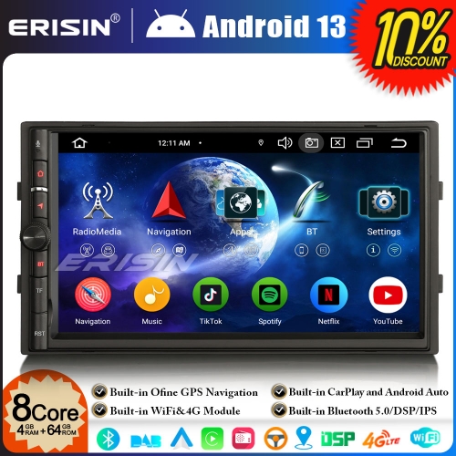 Erisin ES6736U Android 13 8-Core DAB+ Car Stereo GPS Satnav Double 2 DIN Radio Nissan Head Unit 7 Inch Touchscreen BT 5.0 CarPlay WiFi DSP 4GB+64GB