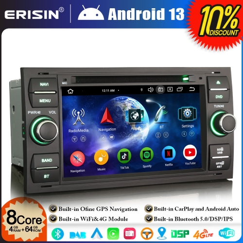 Erisin ES6766F Android 13 DAB+ Car Stereo GPS Satnav Radio for Ford S/C-Max Focus Galaxy Kuga Connect Fiesta Transit BT 5.0 CarPlay WiFi DSP 4GB+64GB