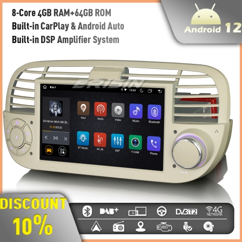 Erisin ES8905FW Android 12 DAB+ Car Stereo GPS Satnav Radio for Fiat 500/500C/500S 500E 7 Inch Support Bluetooth 5.0 CarPlay Android Auto WiFi 4G+64GB