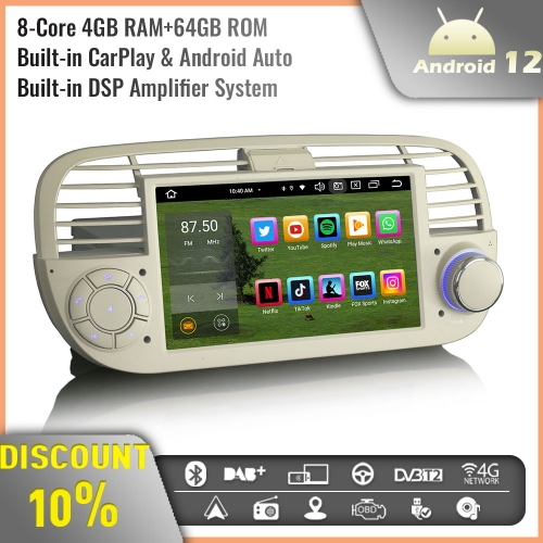 Erisin ES8550FW Android 12 DAB+ Car Stereo GPS Radio for Fiat 500/500C/500S 500E 7 Inch Screen Support Bluetooth 5.0 CarPlay Android Auto WiFi 4G+64GB