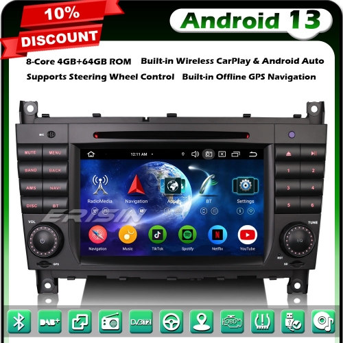 Erisin ES6769C Android 13 DAB+ Car Stereo GPS Satnav Radio for Mercedes Benz C/CLC/G Class W203 W463 BT 5.0 CarPlay WiFi DSP CANbus OBD2 USB 4GB+64GB