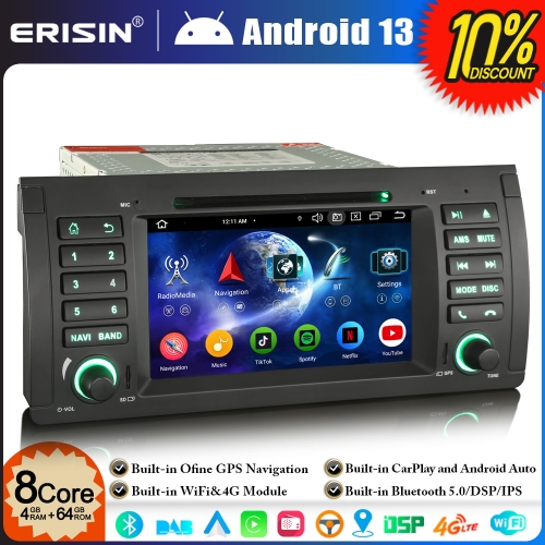 Erisin ES6753B Android 13 DAB+ Car Stereo GPS Sat Nav DVD Player for BMW X5 E53 Bluetooth 5.0 CarPlay WiFi Android Auto CANbus OBD2 8-Core 4GB+64GB