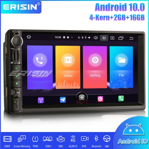 Erisin ES2749U 7" Double 2 Din Android 10.0 Car Stereo Sat Nav WiFi DAB + TPMS DTV CarPlay Bluetooth OBDII DVR