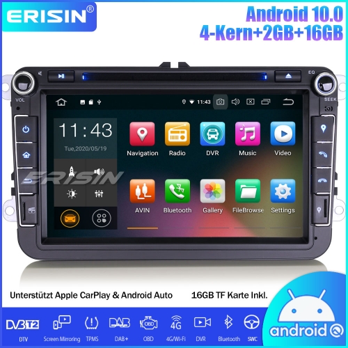 Erisin ES5115V Android 10.0 Autoradio GPS DAB+ OPS DVB-T2 CarPlay Wifi 4G DVD OBD Canbus für VW Passat Polo Golf 5/6 Tiguan Caddy Seat