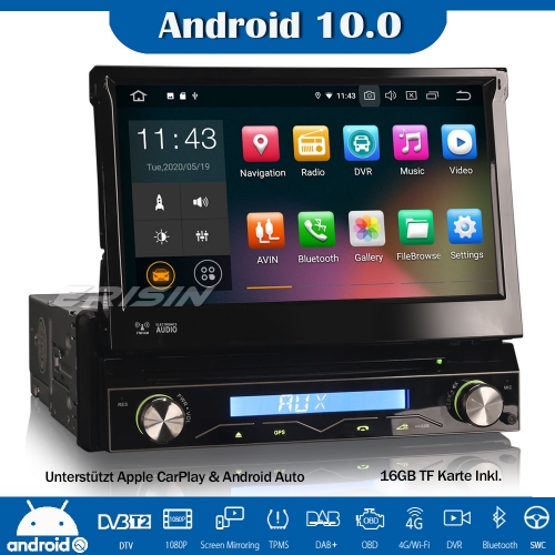 Erisin ES5188U Abnehmbares 1 Din Android 10.0 Autoradio GPS DAB+WiFi DVD CarPlay DVB-T2 Navi TPMS DVD DVR