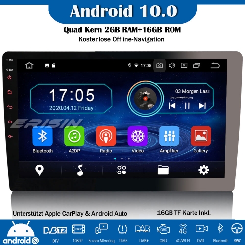Erisin ES5910U 10.1" Single Din Android 10.0 Autoradio GPS DAB + DVB-T2 CarPlay Wifi 4G OBD RDS Bluetooth