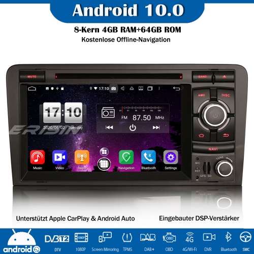 Erisin ES8737A 8-Kern Android 10.0 DAB+DSP Autoradio CarPlay OBD GPS DVD SWC Für AUDI A3 S3 RS3 RNSE-PU