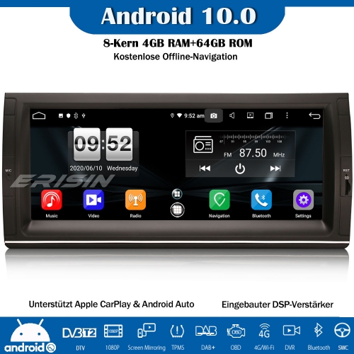 Erisin ES8725B Android 10.0 Autoradio DAB+GPS Bluetooth DSP CarPlay OBD DVD Für BMW 5 Series 5er E39 E53 X5 M5