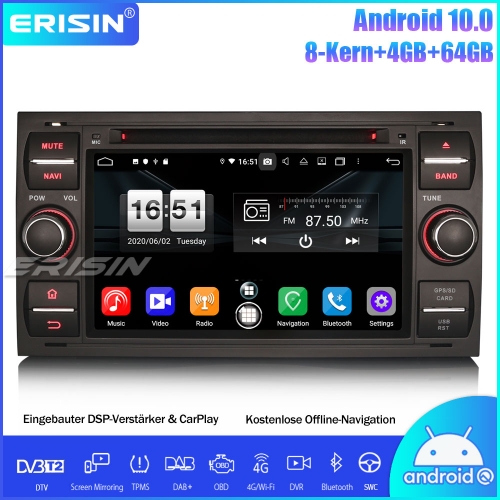 Erisin ES8766FB Android 10.0 Autoradio DAB+GPS Bluetooth DSP CarPlay OBD DVD Für Ford C/S-Max Mondeo Kuga Fiesta