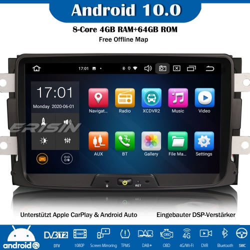 Erisin ES8129D 8-Kern Android 10.0 DAB+DSP Autoradio CarPlay OBD GPS SWC Für Renault Dacia Duster Logan Dokker Lodgy