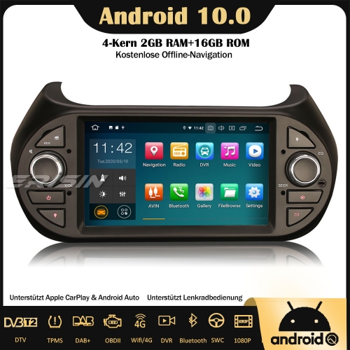 Erisin ES5125F Android 10.0 Autoradio GPS DAB + CarPlay Wifi 4G DVR OBD Bluetooth Canbus SWC für Fiat Fiorino Citroën Nemo Peugeot Bipper