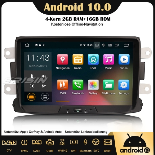 Erisin ES5129D Android 10.0 Autoradio GPS DAB + CarPlay Wifi 4G OBD SWC RDS für Renault Dacia Duster Logan Dokker Lodgy