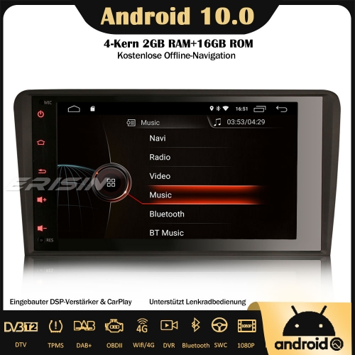 Erisin ES4283A 8" DSP DAB+Android 10.0 Autoradio GPS CarPlay Wifi RDS OBD SWC DVB-T2 Für AUDI A3 S3 RS3 RNSE-PU Navi