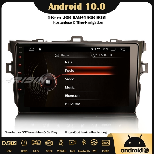 Erisin ES4297A 9" Android 10.0 Autoradio DSP DAB+ GPS SWC DVB-T2 CarPlay Navi OBD2 4G RDS Bluetooth TPMS Für TOYOTA COROLLA E140 E150 2006-2013