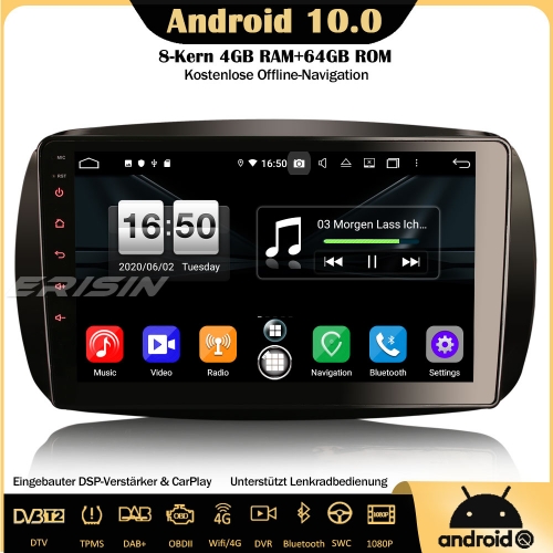 Erisin ES8799S 9" 8-Kern DSP DAB+Android 10.0 Autoradio GPS CarPlay OBD Wifi TPMS SWC DVB-T2 Für Mercedes-Benz SMART