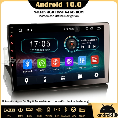 Erisin ES6910U 10.1" Single Din 8-Kern 4GB RAM+64GB ROM Android 10.0 Autoradio GPS DAB + DVB-T2 CarPlay Wifi 4G TPMS OBD RDS Bluetooth