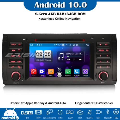 Erisin ES8753B 8-Kern Android 10.0 DAB+DSP Autoradio CarPlay OBD DVR GPS DVD SWC DTV RDS Navi Für BMW 5er Series E39 E53 X5 M5