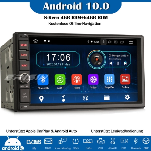 Erisin ES6970U 4GB RAM + 64GB ROM Double Din 8-Core Double Din Android 10.0 Car Radio CarPlay GPS WiFi DVB-T2 DAB + 4G Bluetooth OBD2 RDS