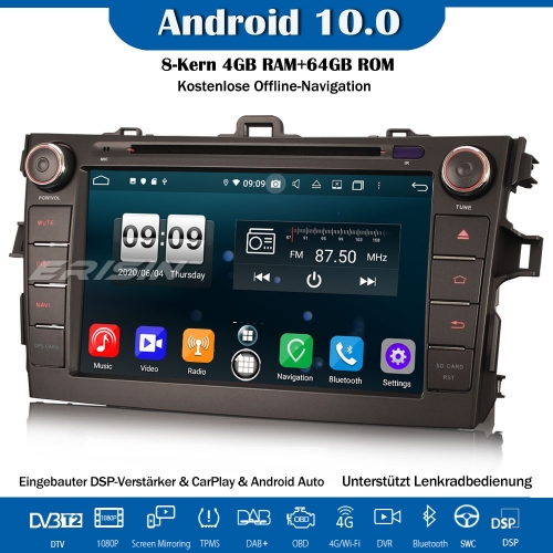 Erisin ES8728A Android 10.0 Autoradio 8-Kern CarPlay DSP DAB+ FM GPS Bluetooth OBD2 DVB-T2 DVR Navi TPMS Für TOYOTA COROLLA E140 E150 2006-2013