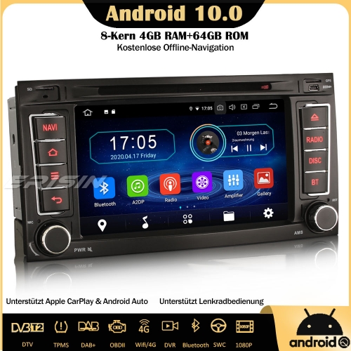Erisin ES6956T 4GB ROM+64GB RAM 8-Kern Autoradio Android 10.0 DAB+ CarPlay Bluetooth OBD GPS Navi DVD TPMS WiFi SWC Für VW Touarge T5 Multivan V Trans