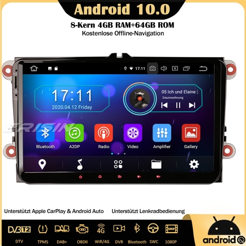 Erisin ES6991V 8-Kern Android 10.0 Autoradio 9" GPS DTV CarPlay WiFi DAB+ BT OBD GPS Navi TPMS SWC Für VW Golf Sharan Tiguan Passat EOS SEAT