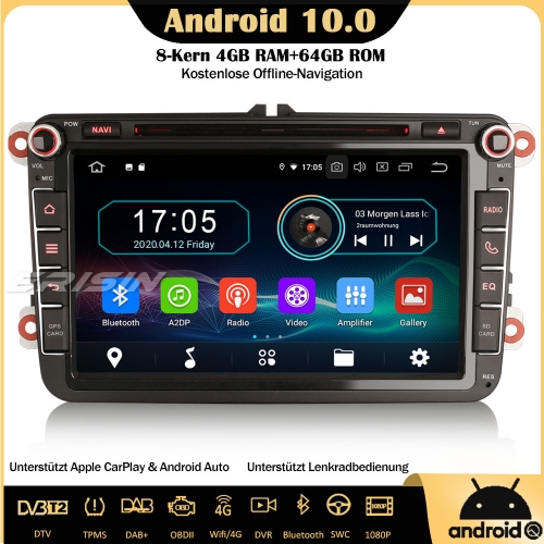 Erisin 8" ES6985V 8-Kern Android 10 Autoradio GPS DTV CarPlay WiFi DAB+ BT OBD GPS Navi TPMS SWC Für VW Golf V/VII Sharan Tiguan Passat EOS Seat Skoda