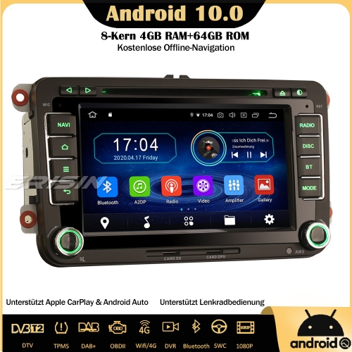 Erisin ES6948V 8-Kern Android 10 Autoradio GPS OPS DTV CarPlay WiFi DAB+ OBD GPS Navi TPMS SWC Für VW Golf V/VII Sharan Tiguan Passat EOS Seat Skoda