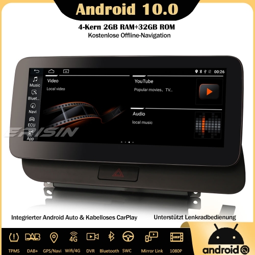 Erisin ES2675Q 10.25" IPS Android 10.0 Autoradio DAB+ GPS CarPlay Wifi SWC Navi TPMS Bluetooth 4G Für Audi Q5 2009-2016